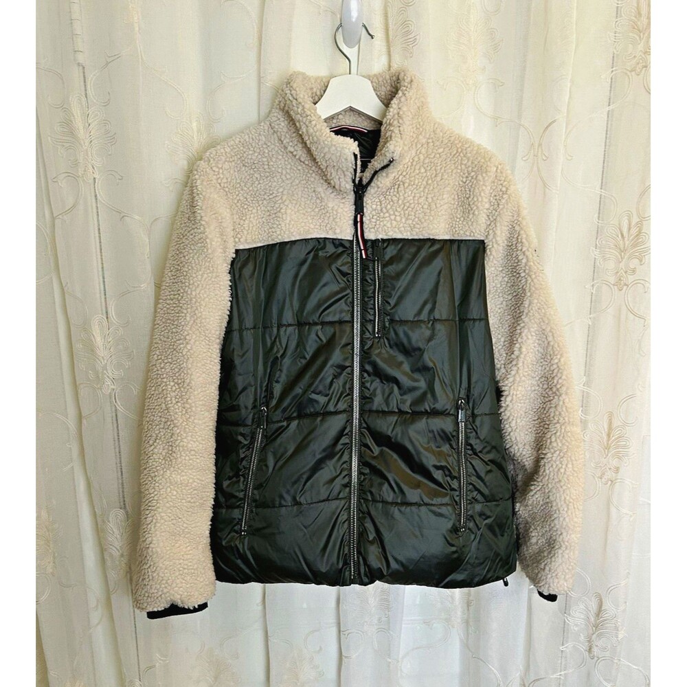 Tommy Hilfiger Mixed Media Sherpa Puffer Jacket Green Ecru Size M TW0MS269